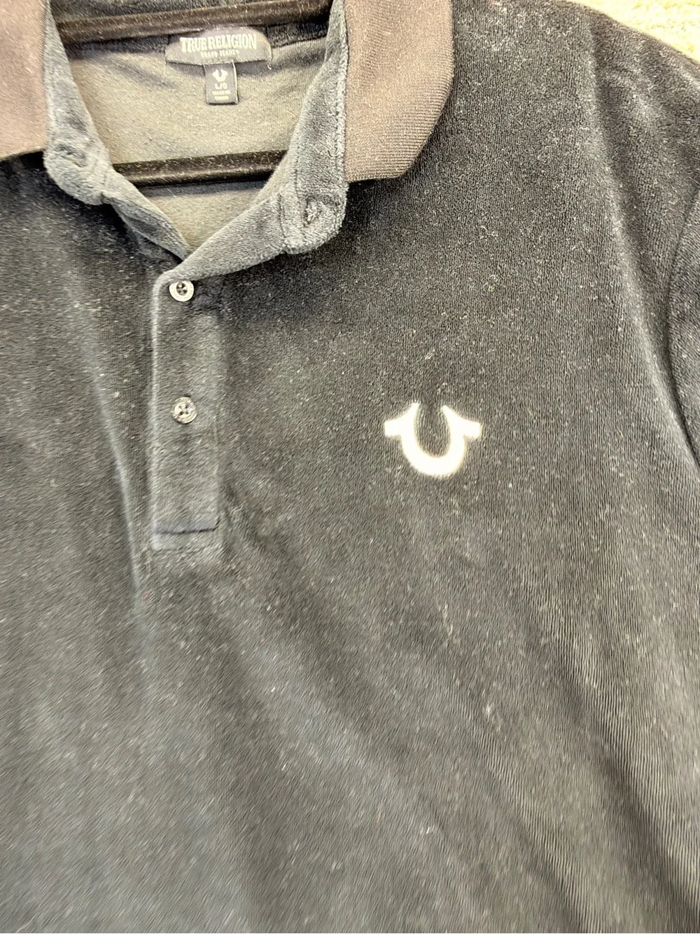 Like New True Religion Black Terry Cloth Polo Logo Tape Short Sleeve Shirt